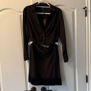 Rachel Zoe 2 pc elegant black satin shirt and fringe skirt.